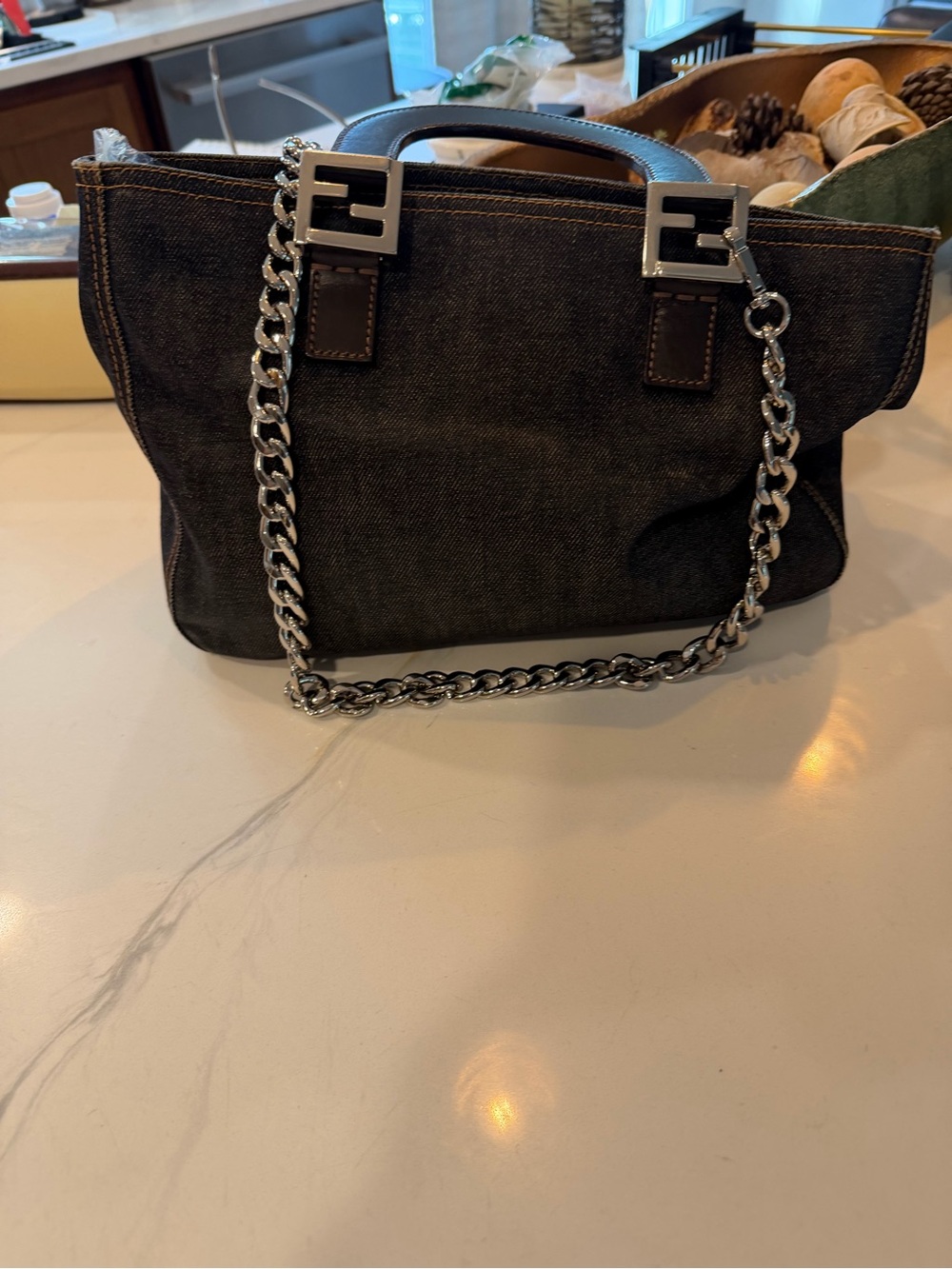 Fendi Blue Black Denim Shoulder Bag with Silver Chain